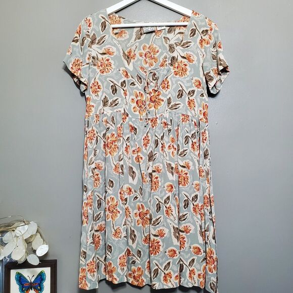 Vintage 90s Dress Womens Size Medium Floral Drop Waist Tie Lace Up Sheer Flowy - Picture 1 of 10